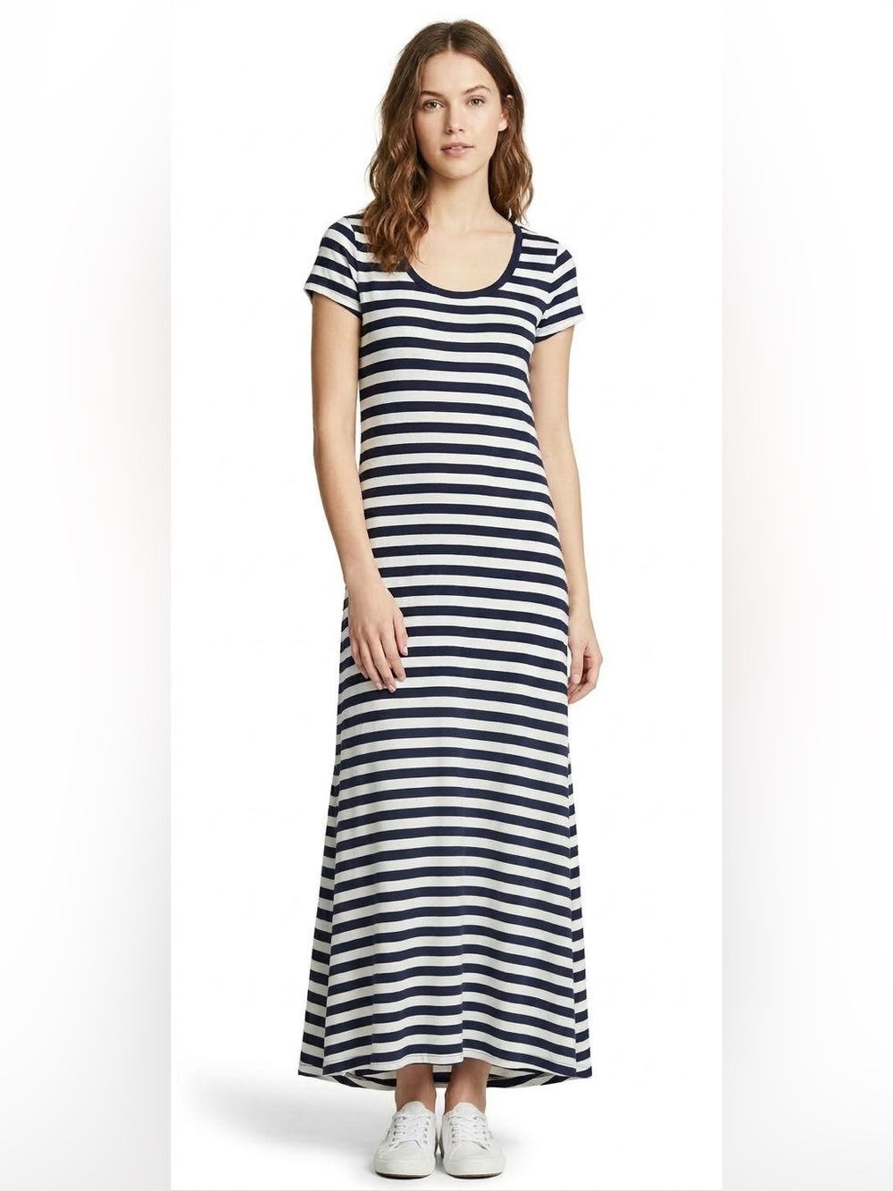Polo Ralph Lauren Navy Blue White Striped Short Sleeve Cotton Maxi Dress Size M